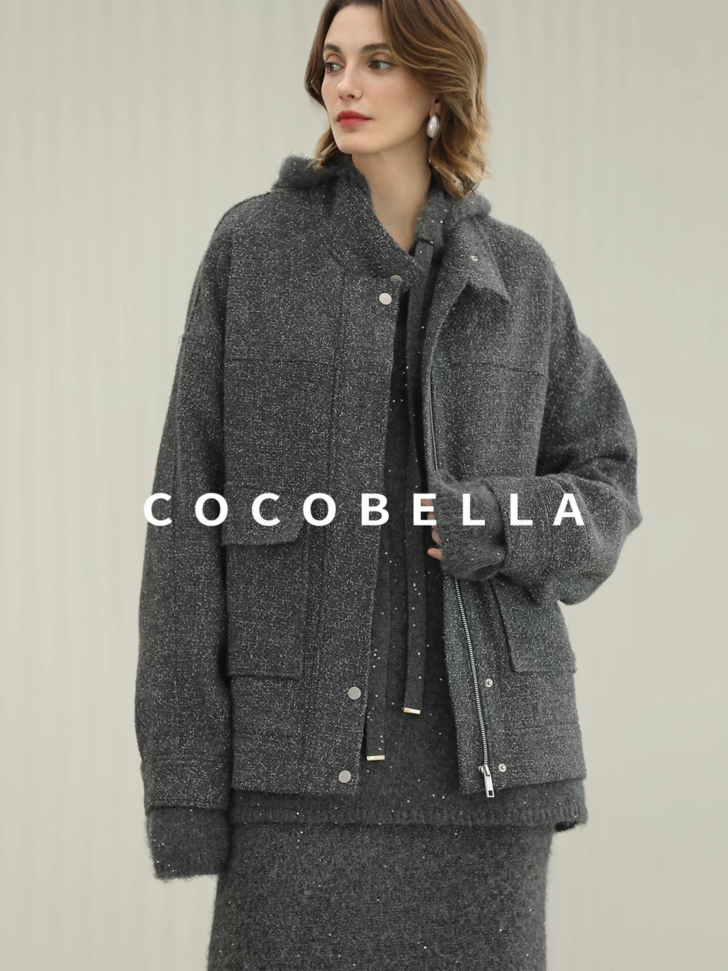 COCOBELLA Warm Lurex Zip Pockets Mid Length Straight Street Casual Women Wool Coats