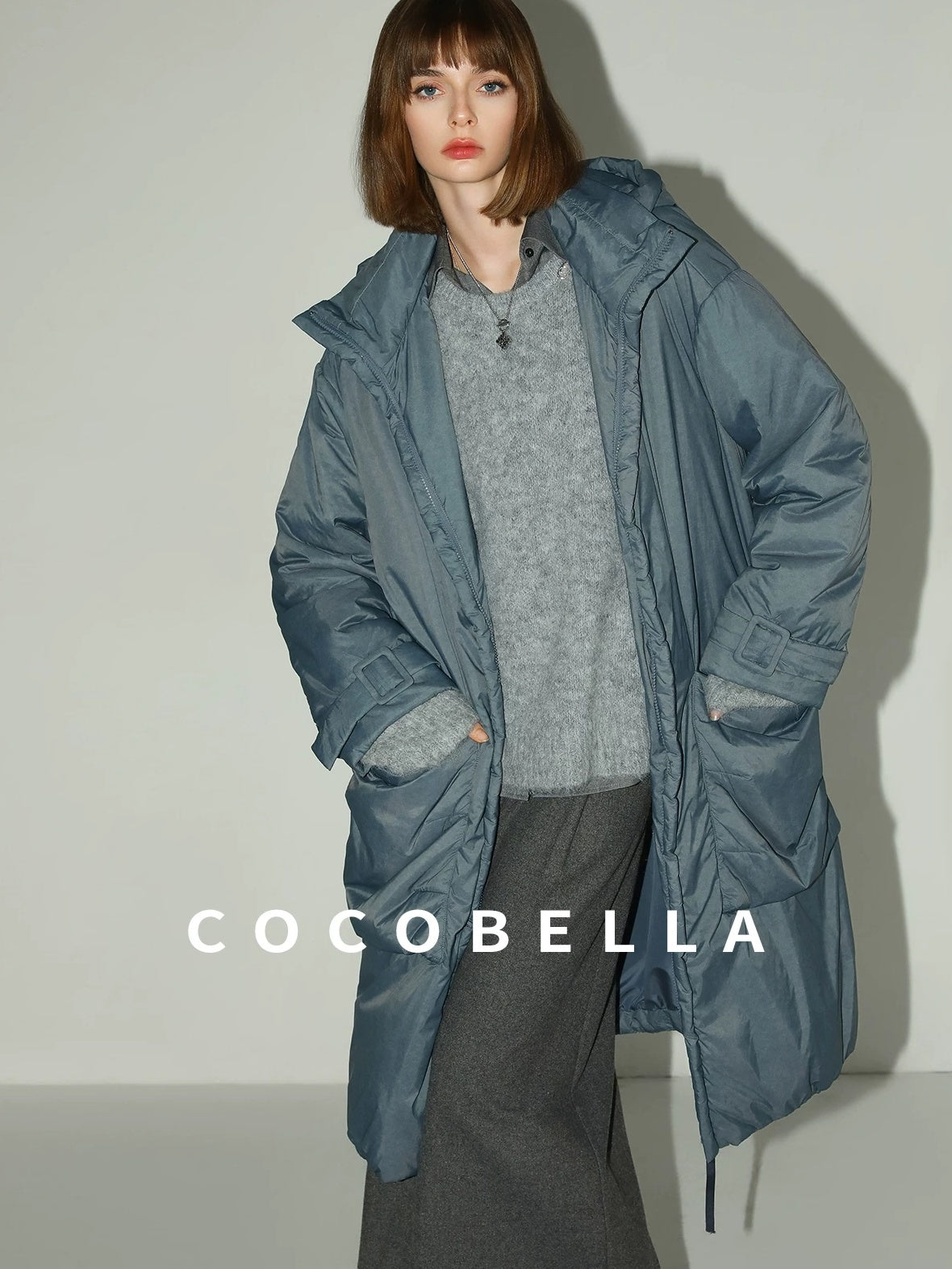 COCOBELLA Warm Nylon Long Hooded Zipper Pockets Straight Commuter Women Padded Jackets