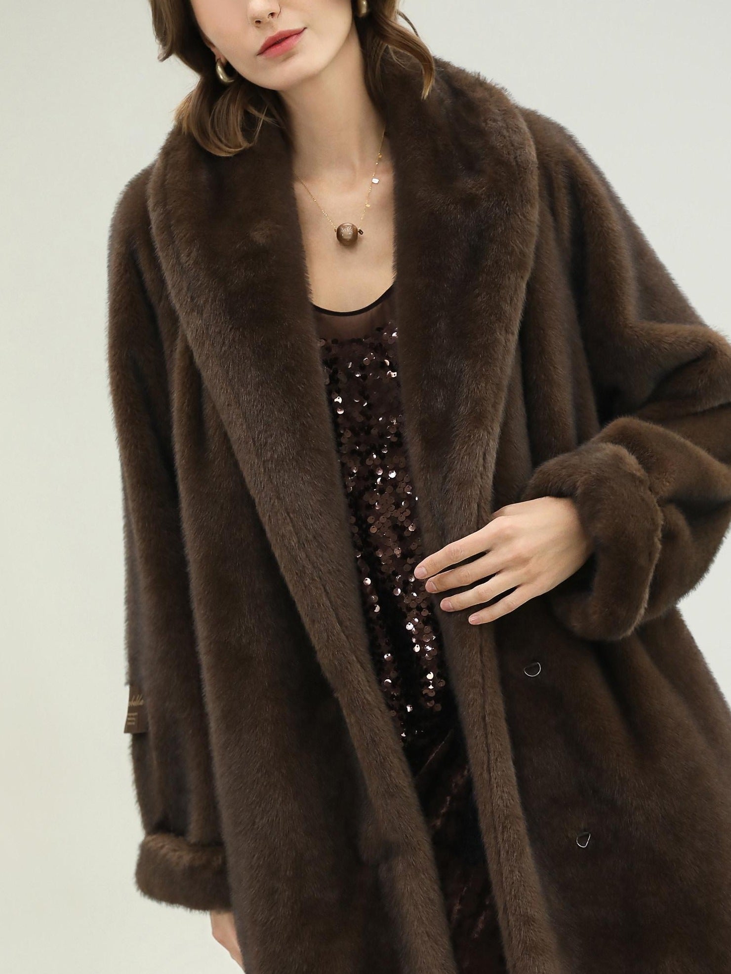 COCOBELLA Warm Plush Faux Fur Straight Long Retro Workwear Women Coffee Brown Coats