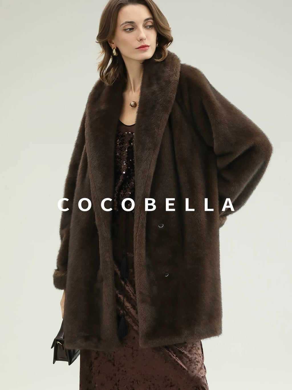 COCOBELLA Warm Plush Faux Fur Straight Long Retro Workwear Women Coffee Brown Coats
