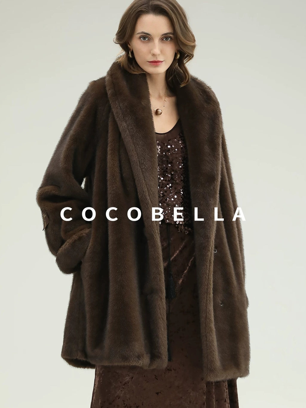 COCOBELLA Warm Plush Faux Fur Straight Long Retro Workwear Women Coffee Brown Coats