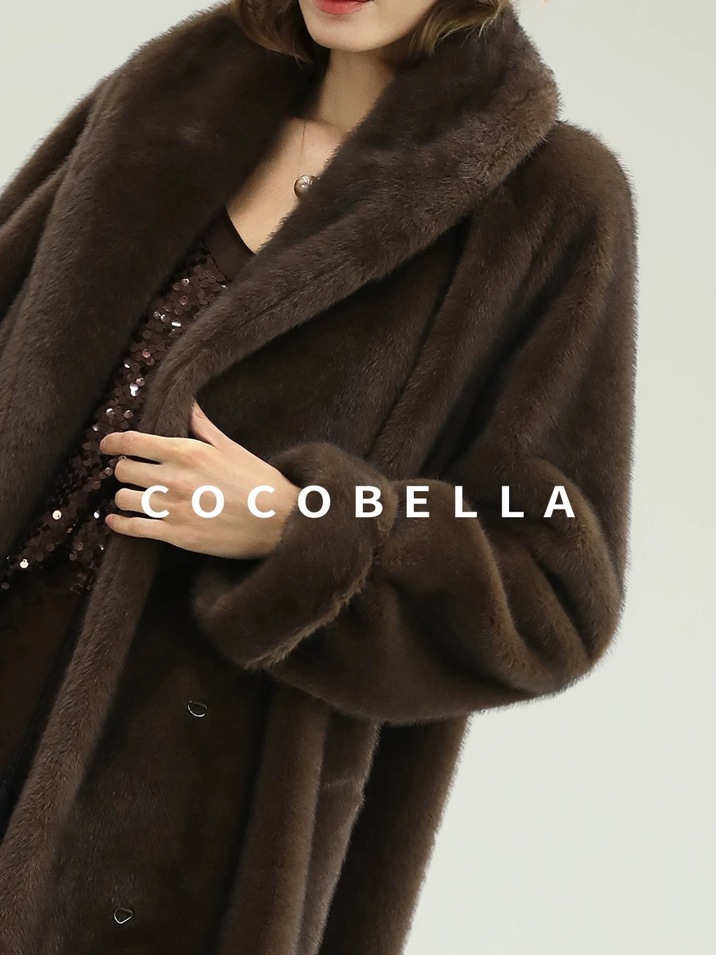 COCOBELLA Warm Plush Faux Fur Straight Long Retro Workwear Women Coffee Brown Coats