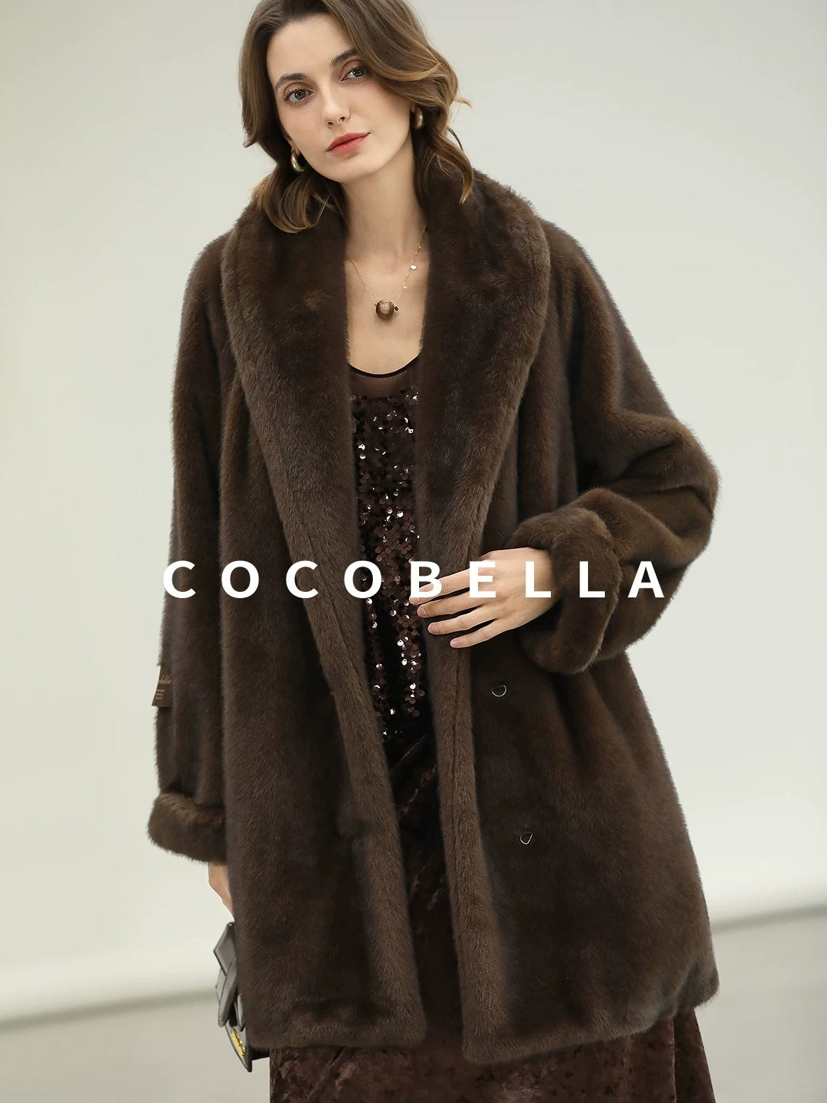 COCOBELLA Warm Plush Faux Fur Straight Long Retro Workwear Women Coffee Brown Coats