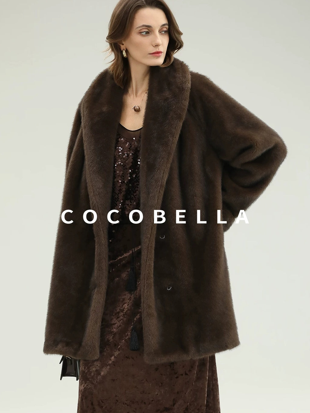 COCOBELLA Warm Plush Faux Fur Straight Long Retro Workwear Women Coffee Brown Coats