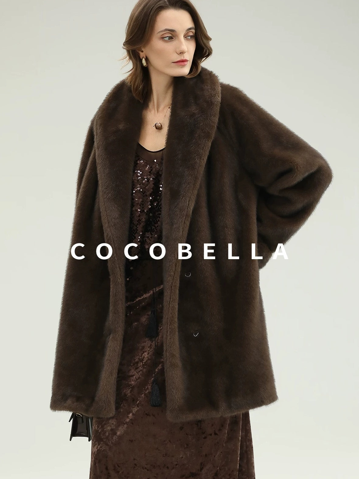 COCOBELLA Warm Plush Faux Fur Straight Long Retro Workwear Women Coffee Brown Coats