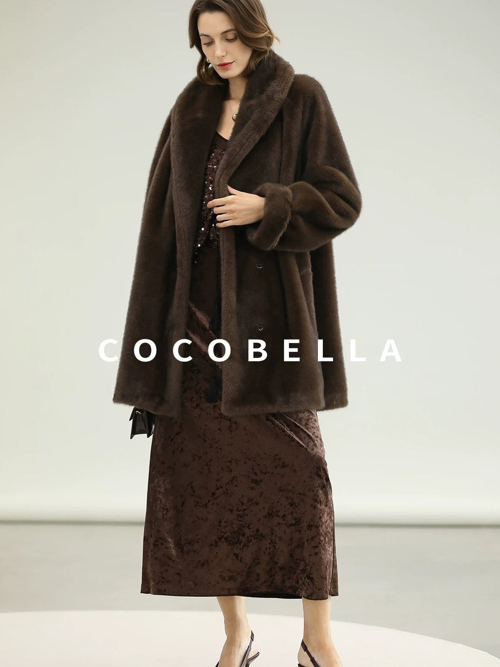 COCOBELLA Warm Plush Faux Fur Straight Long Retro Workwear Women Coffee Brown Coats