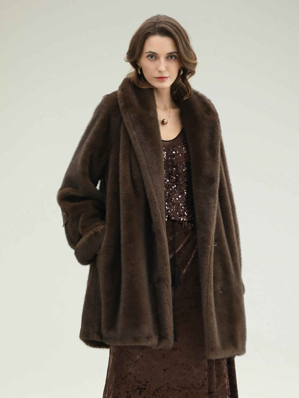 COCOBELLA Warm Plush Faux Fur Straight Long Retro Workwear Women Coffee Brown Coats