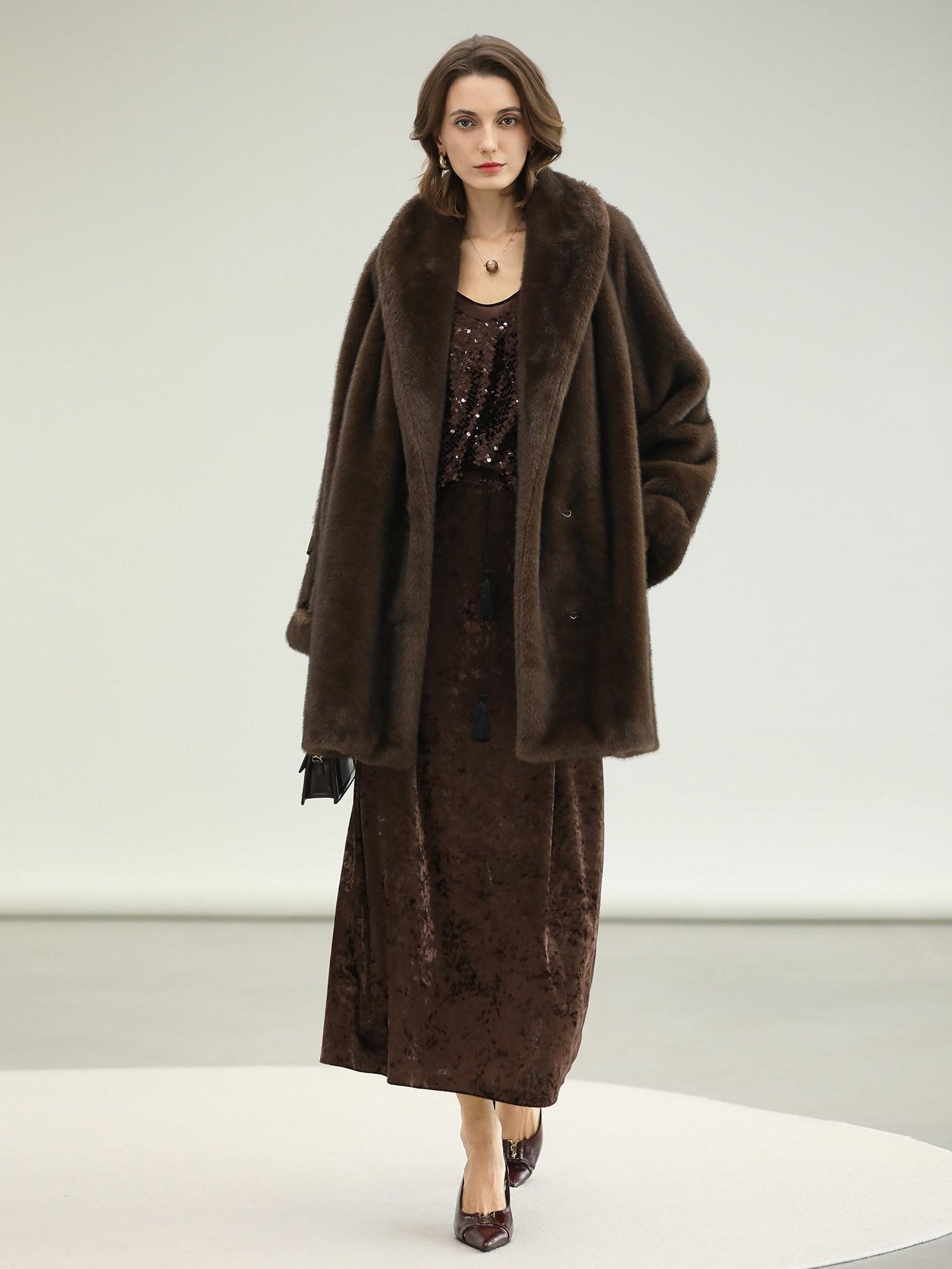 COCOBELLA Warm Plush Faux Fur Straight Long Retro Workwear Women Coffee Brown Coats
