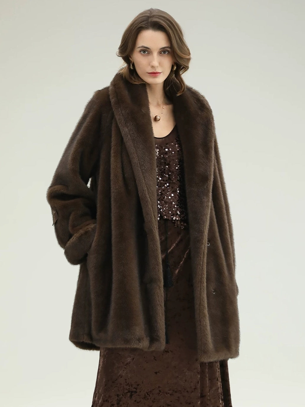 COCOBELLA Warm Plush Faux Fur Straight Long Retro Workwear Women Coffee Brown Coats