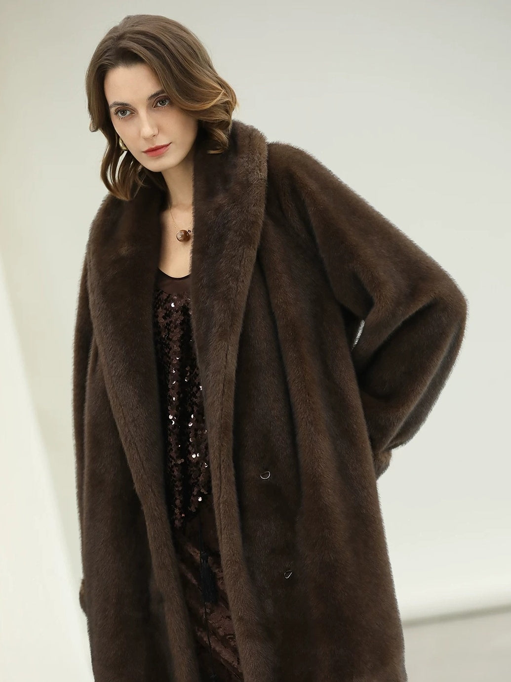 COCOBELLA Warm Plush Faux Fur Straight Long Retro Workwear Women Coffee Brown Coats