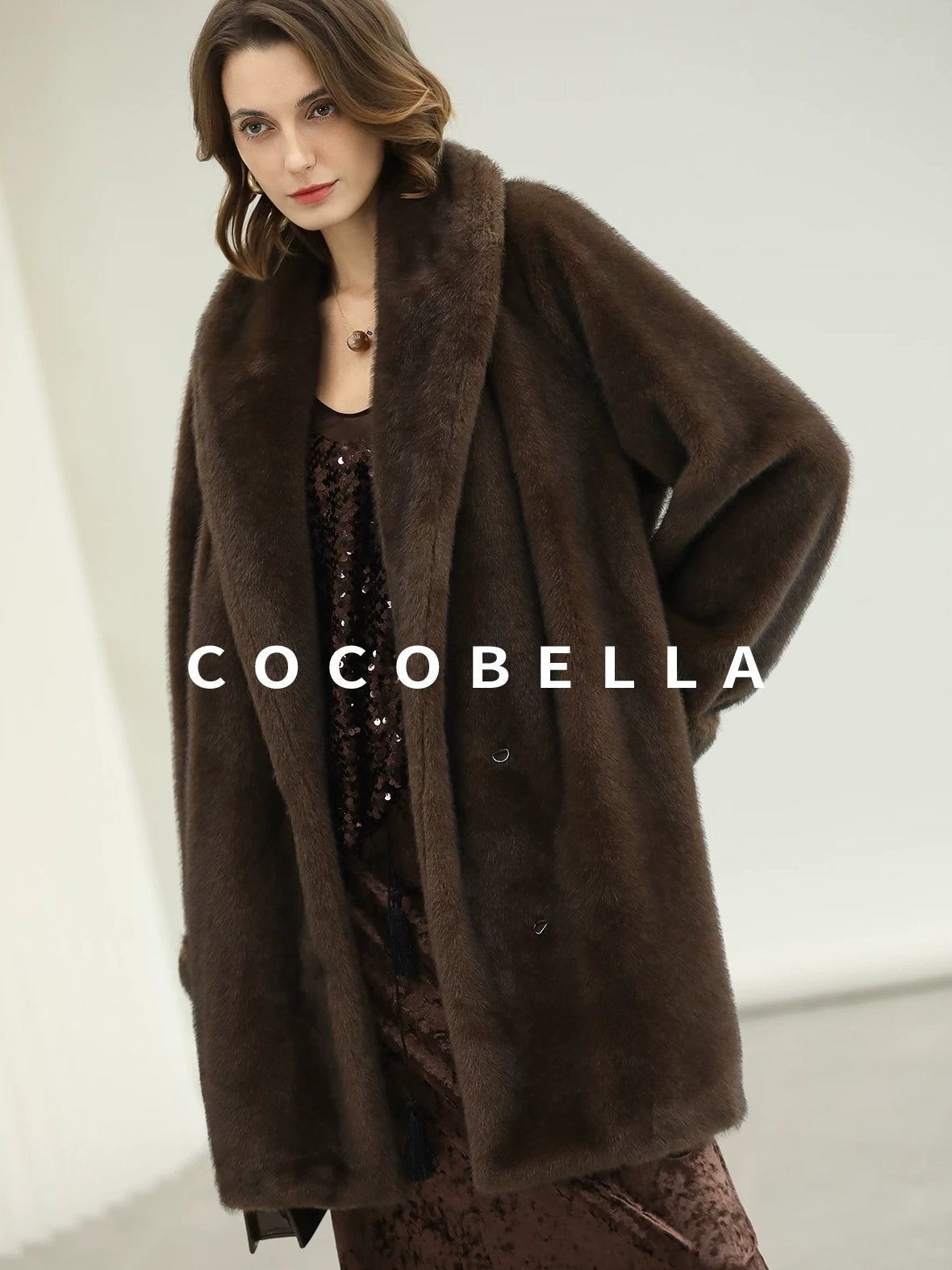 COCOBELLA Warm Plush Faux Fur Straight Long Retro Workwear Women Coffee Brown Coats