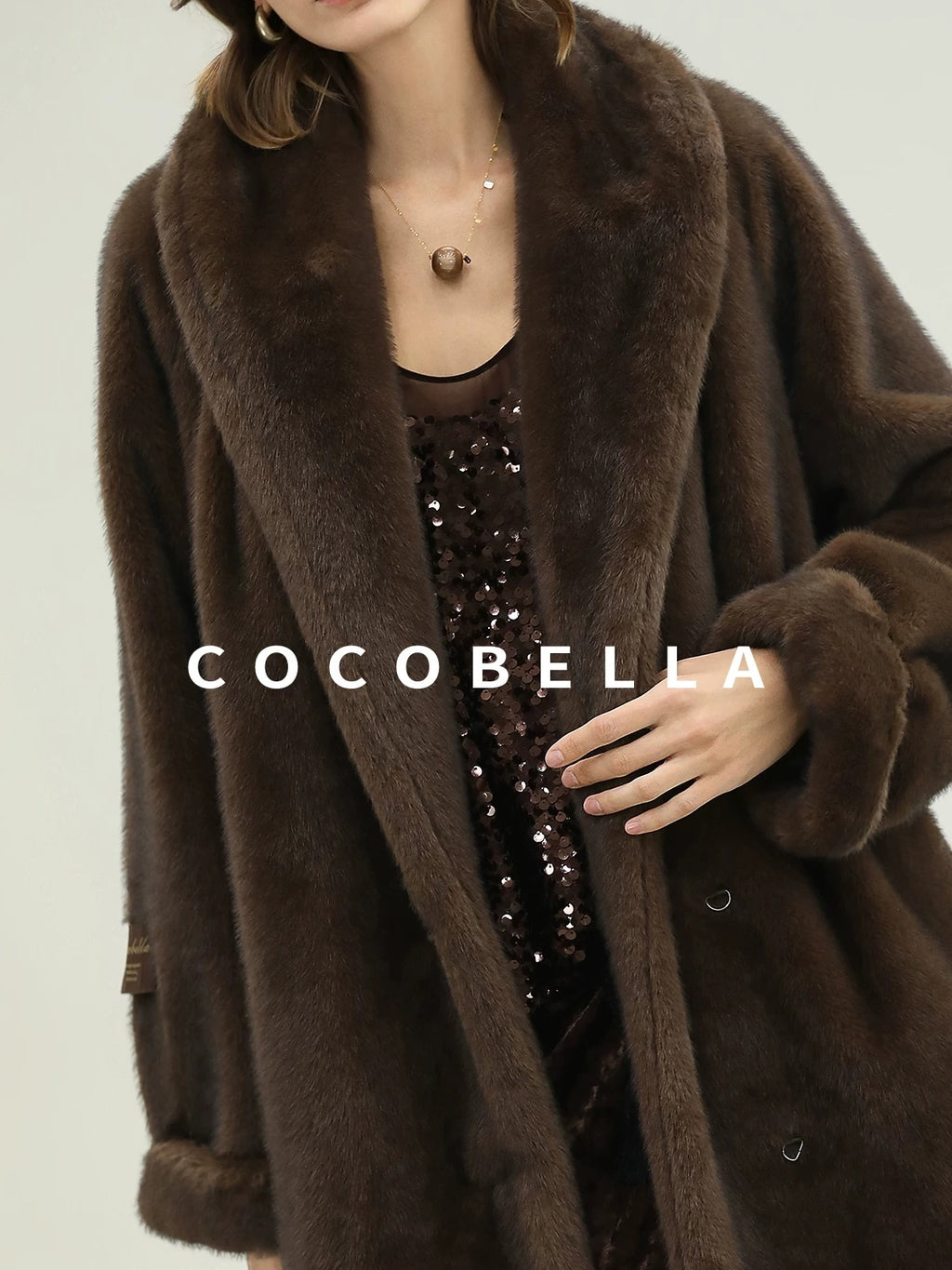COCOBELLA Warm Plush Faux Fur Straight Long Retro Workwear Women Coffee Brown Coats