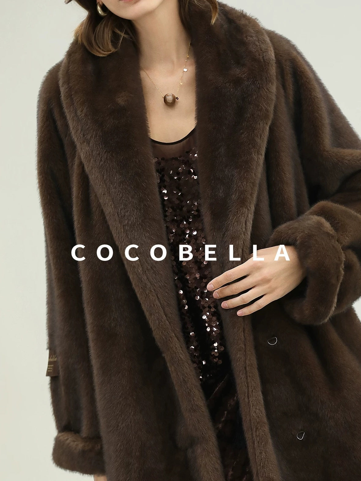 COCOBELLA Warm Plush Faux Fur Straight Long Retro Workwear Women Coffee Brown Coats