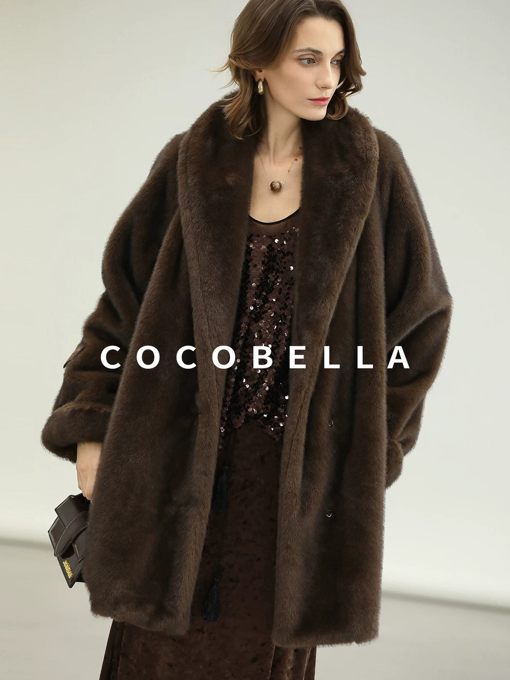 COCOBELLA Warm Plush Faux Fur Straight Long Retro Workwear Women Coffee Brown Coats