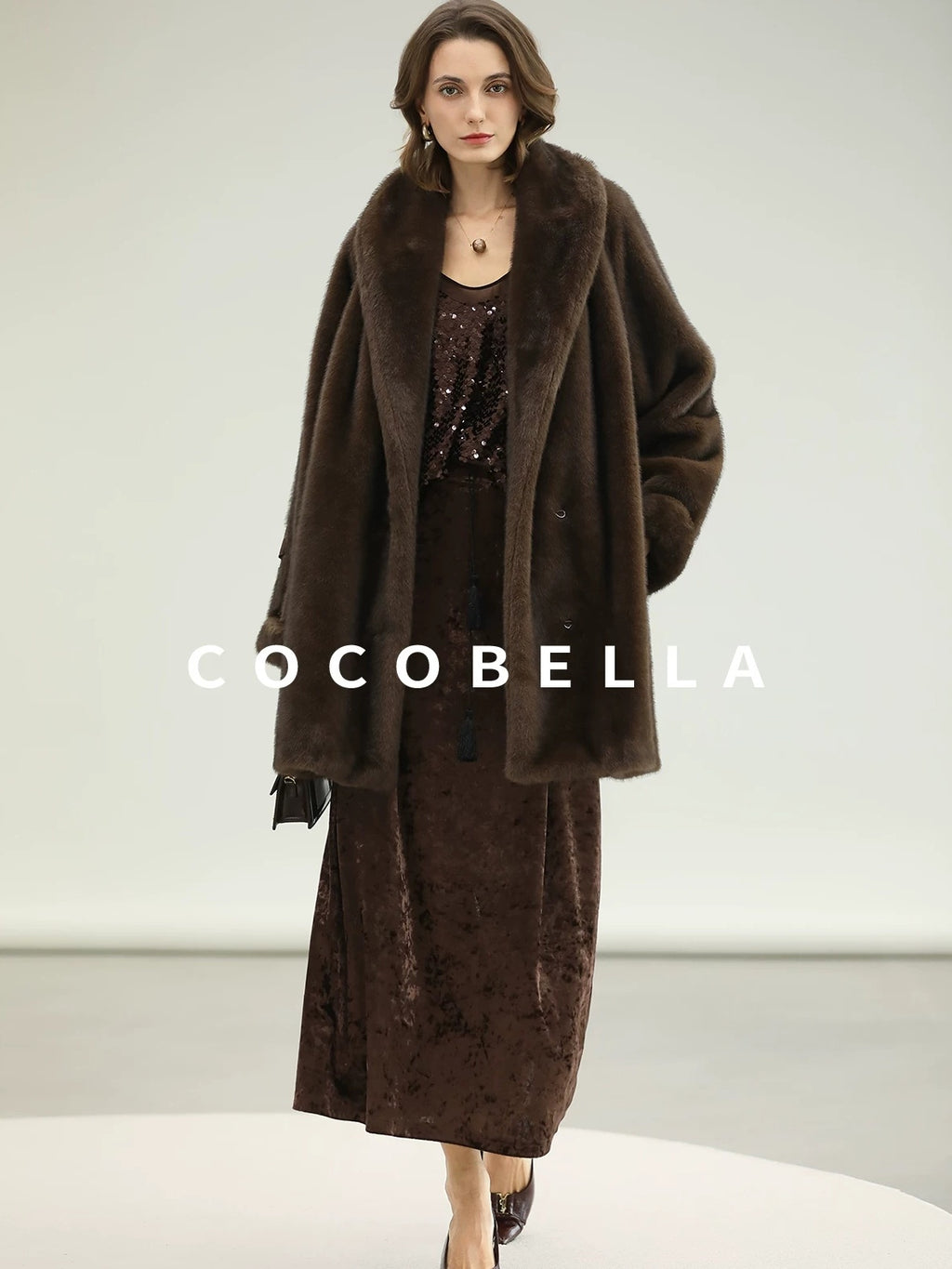 COCOBELLA Warm Plush Faux Fur Straight Long Retro Workwear Women Coffee Brown Coats