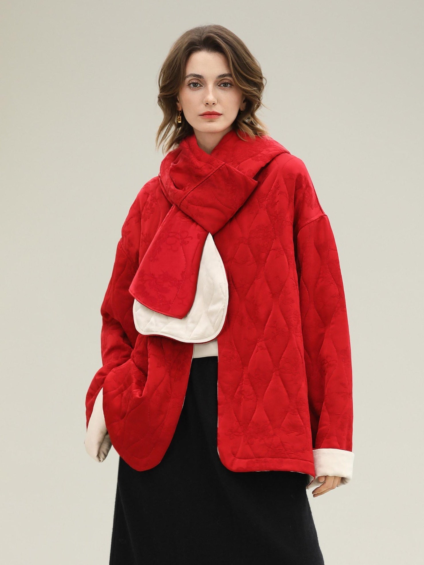 COCOBELLA Warm Pure Viscose Short Loose Fit Office Ol Long Sleeve China Red Padded Jackets