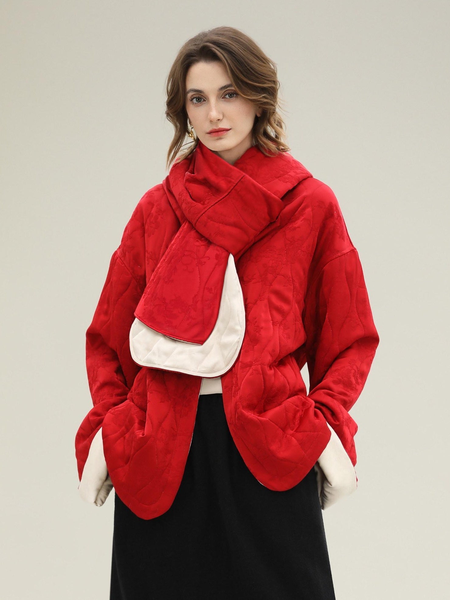 COCOBELLA Warm Pure Viscose Short Loose Fit Office Ol Long Sleeve China Red Padded Jackets