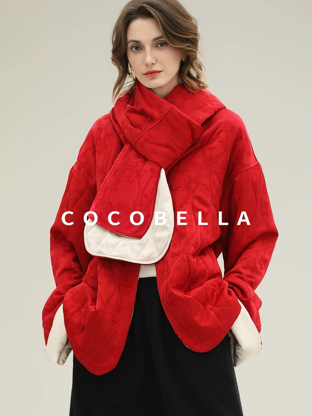 COCOBELLA Warm Pure Viscose Short Loose Fit Office Ol Long Sleeve China Red Padded Jackets