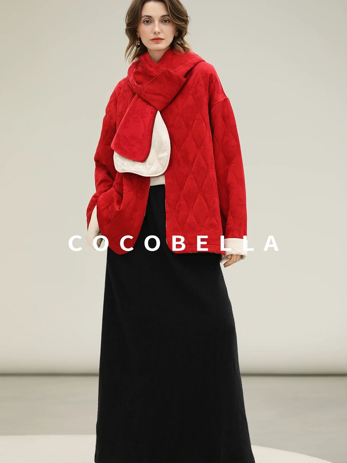COCOBELLA Warm Pure Viscose Short Loose Fit Office Ol Long Sleeve China Red Padded Jackets