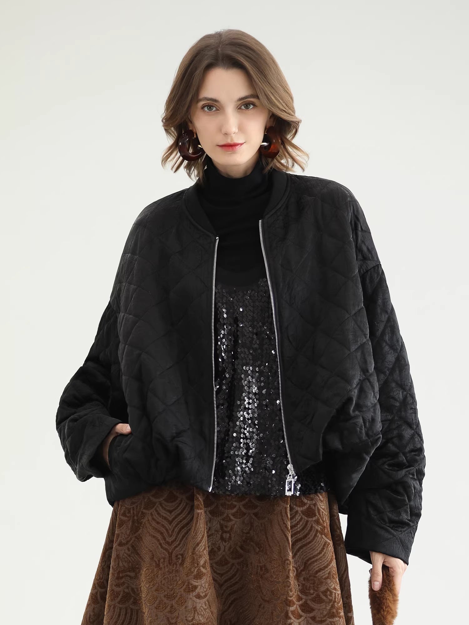 COCOBELLA_Warm_Short_Pleated_Acetate_Straight_Fit_Street_Style_Black_Zip_Padded_Jackets_MISSTT