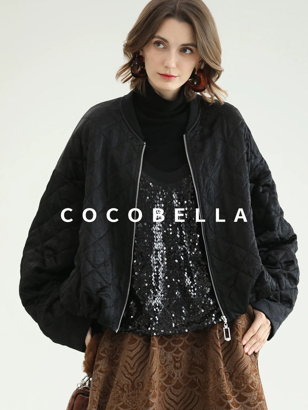 COCOBELLA Warm Short Pleated Acetate Straight Fit Street Style Black Zip Padded Jackets