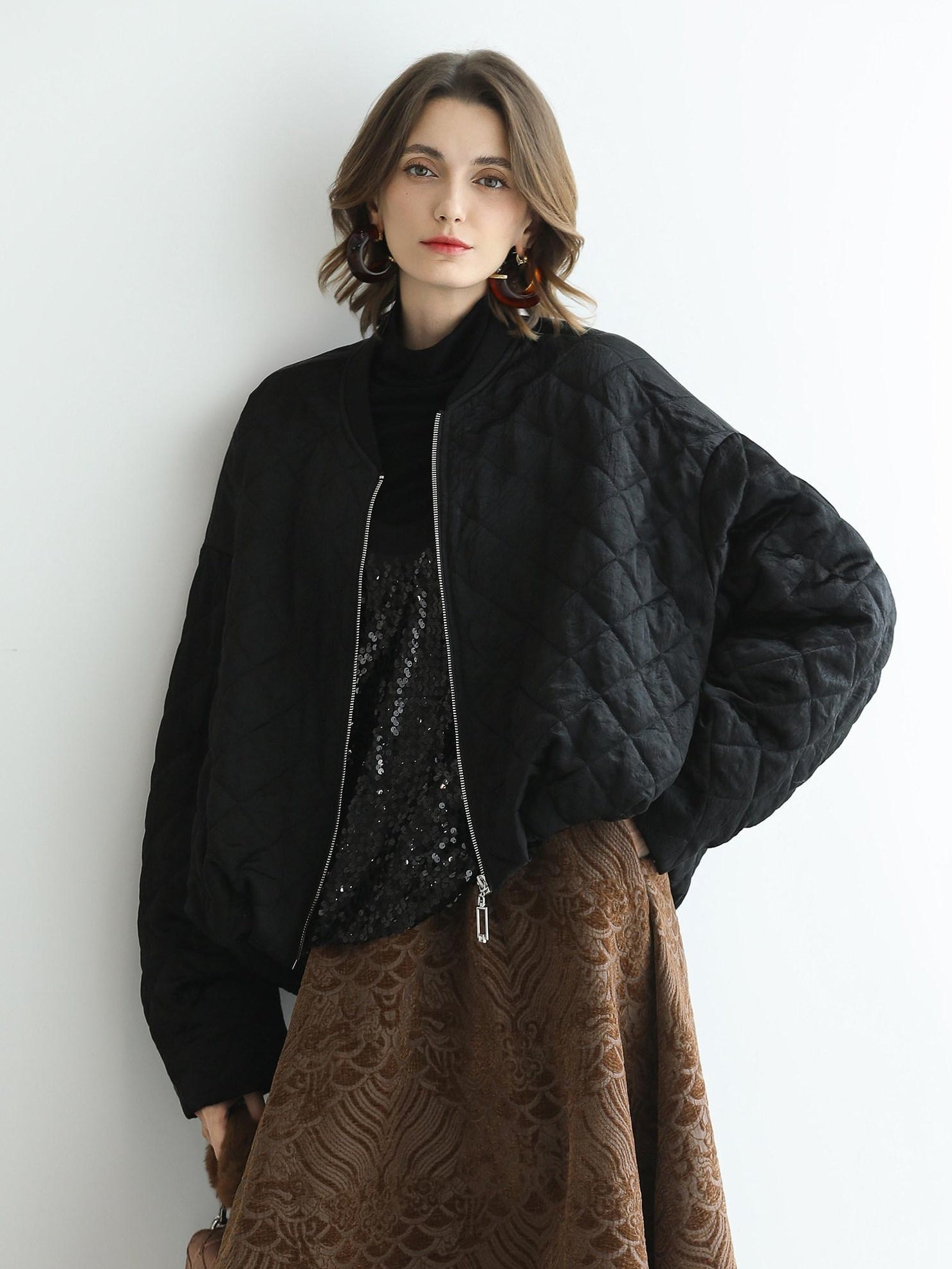 COCOBELLA Warm Short Pleated Acetate Straight Fit Street Style Black Zip Padded Jackets