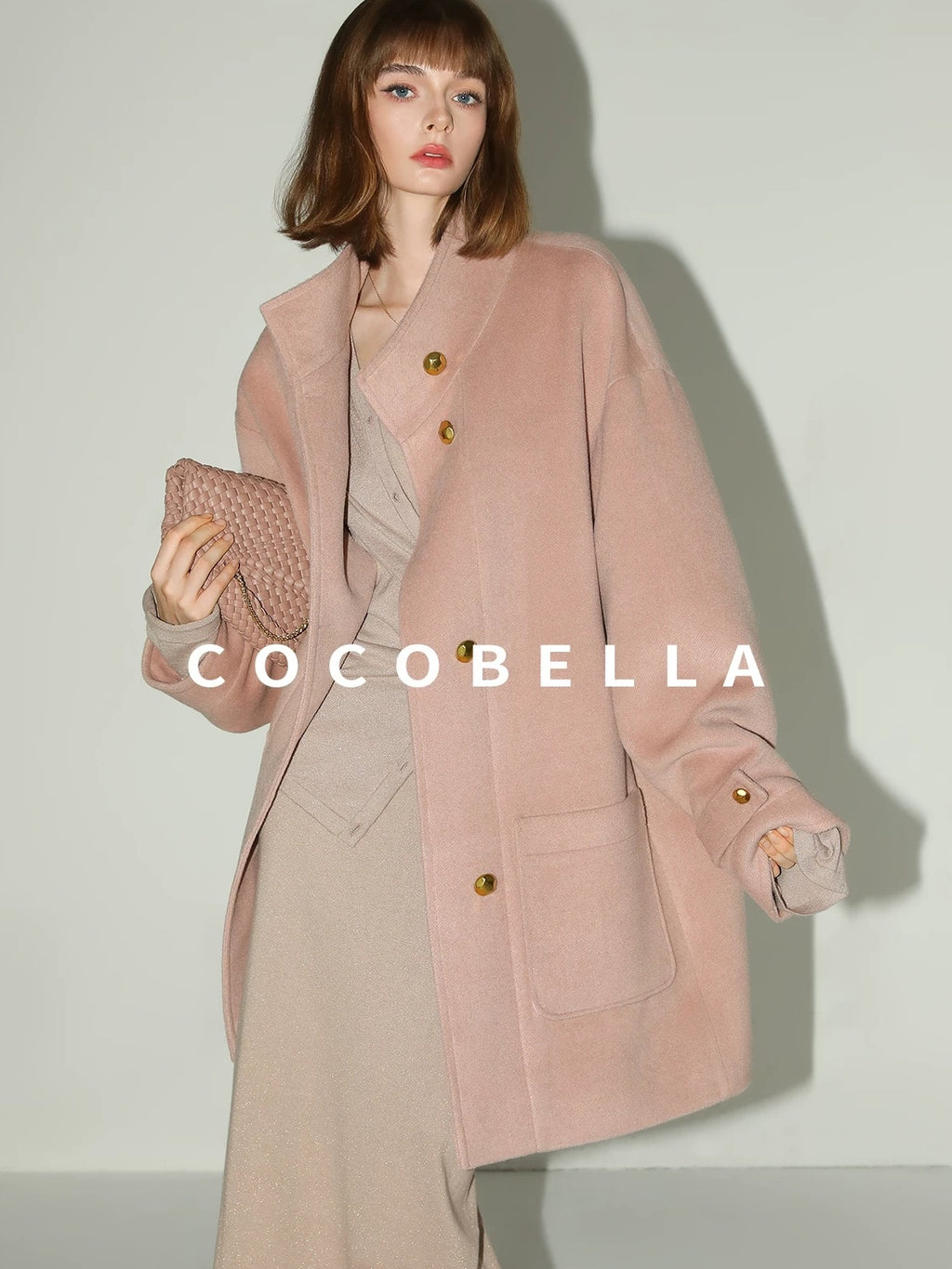 COCOBELLA Warm Thick Mid Length Elegant Commuter Straight Stand Collar Wool Overcoat Coats
