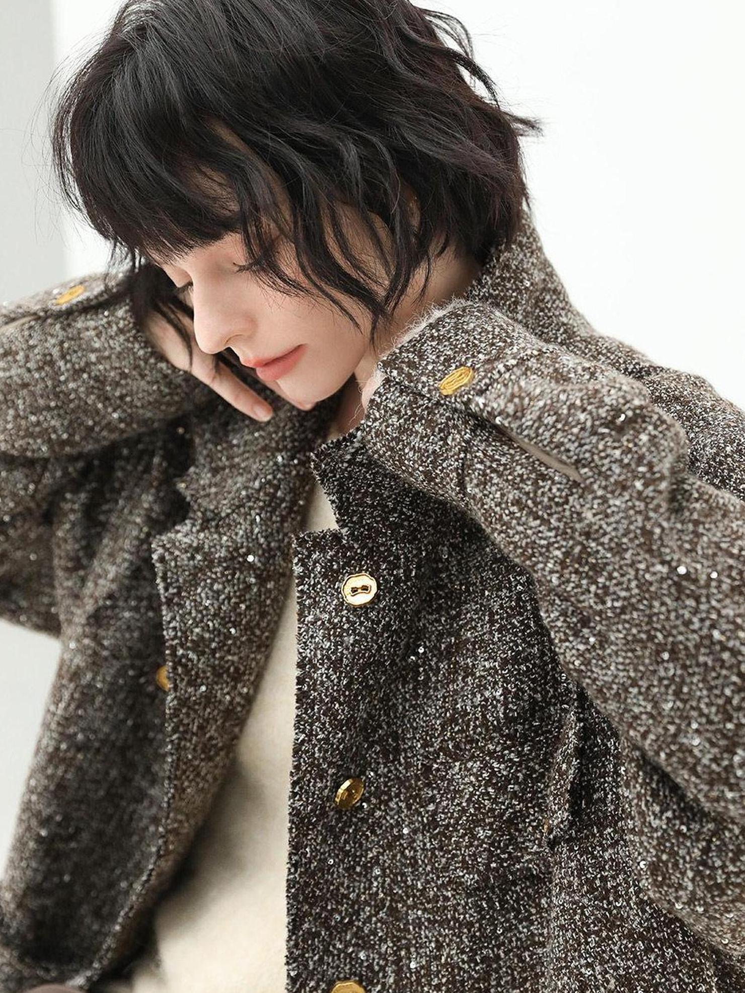 COCOBELLA Warm Vintage Straight Single Breasted Sequin Pocket Mocha Wool Jackets