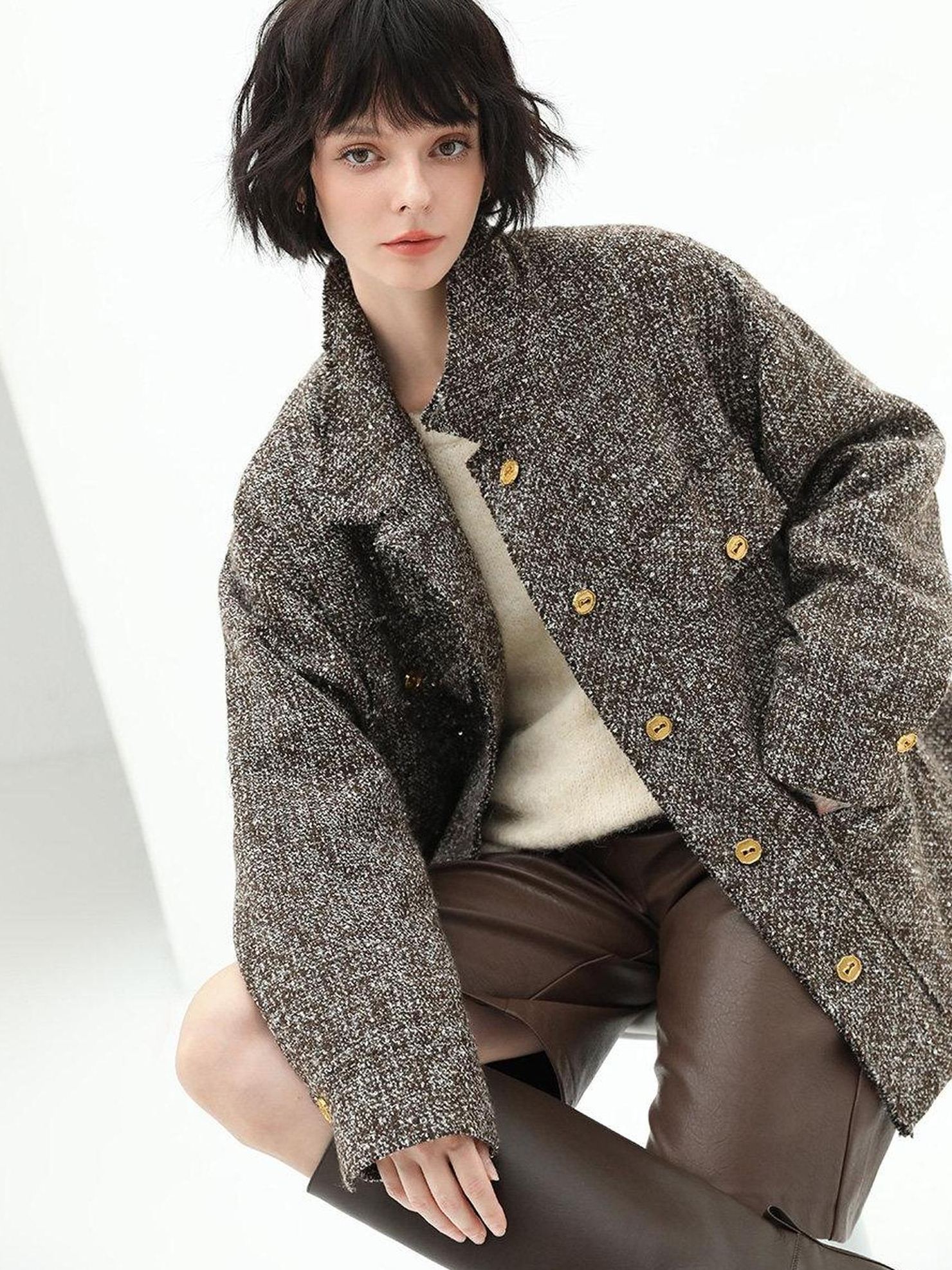 COCOBELLA Warm Vintage Straight Single Breasted Sequin Pocket Mocha Wool Jackets