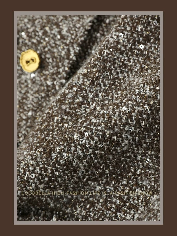 COCOBELLA Warm Vintage Straight Single Breasted Sequin Pocket Mocha Wool Jackets