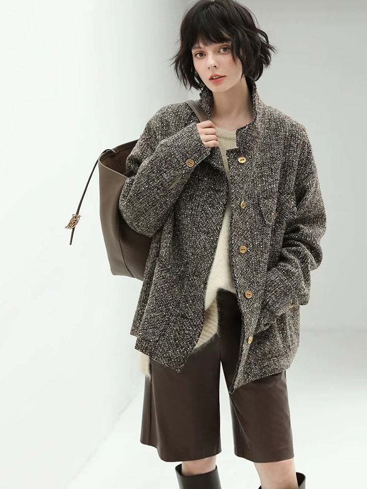 COCOBELLA Warm Vintage Straight Single Breasted Sequin Pocket Mocha Wool Jackets