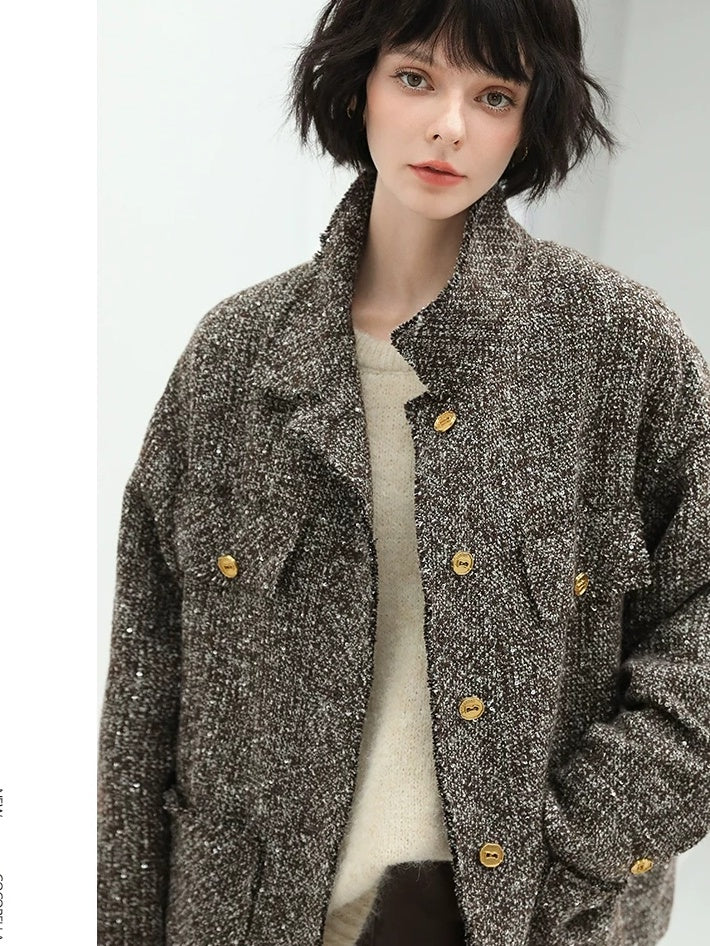 COCOBELLA Warm Vintage Straight Single Breasted Sequin Pocket Mocha Wool Jackets