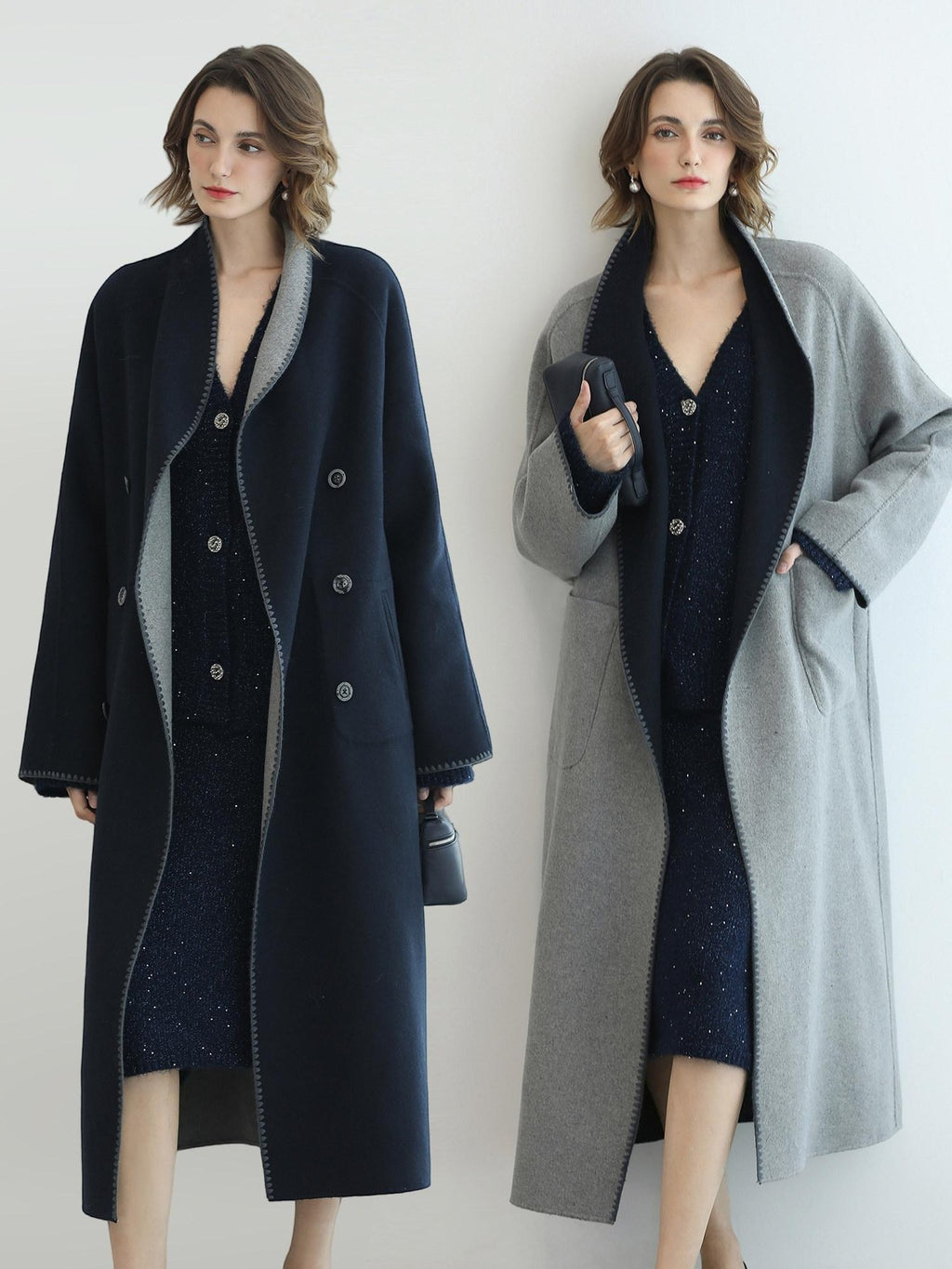 COCOBELLA Warm Wool Blend Double Breasted Long Minimal Relaxed Fit Pockets Office Coats