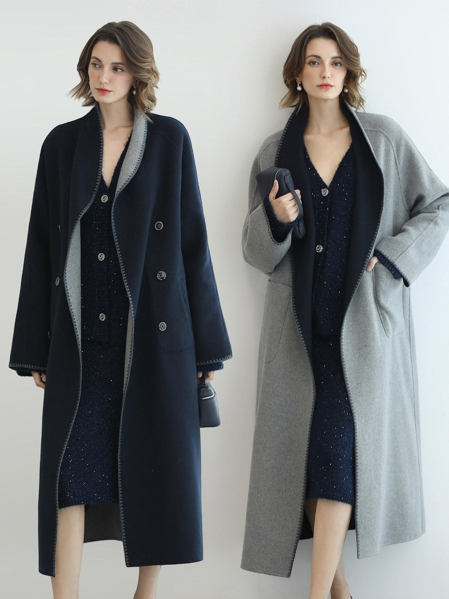 COCOBELLA Warm Wool Blend Double Breasted Long Minimal Relaxed Fit Pockets Office Coats