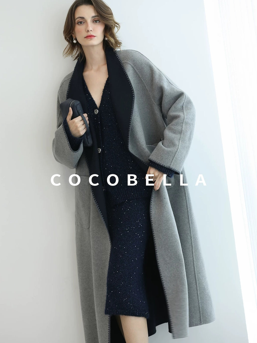 COCOBELLA Warm Wool Blend Double Breasted Long Minimal Relaxed Fit Pockets Office Coats