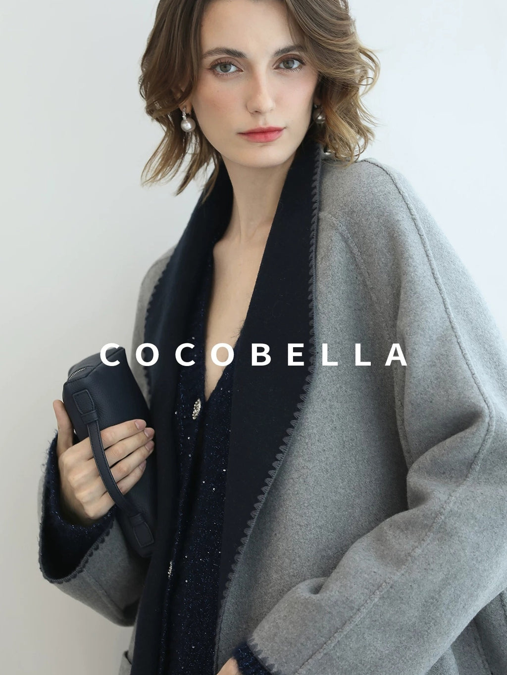 COCOBELLA Warm Wool Blend Double Breasted Long Minimal Relaxed Fit Pockets Office Coats
