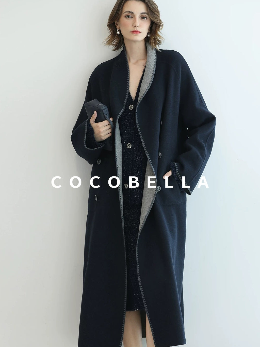 COCOBELLA Warm Wool Blend Double Breasted Long Minimal Relaxed Fit Pockets Office Coats