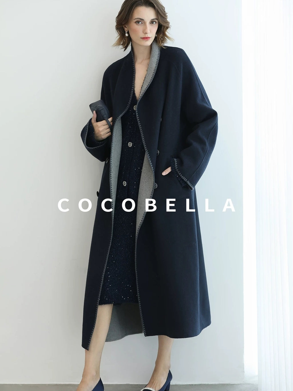 COCOBELLA Warm Wool Blend Double Breasted Long Minimal Relaxed Fit Pockets Office Coats