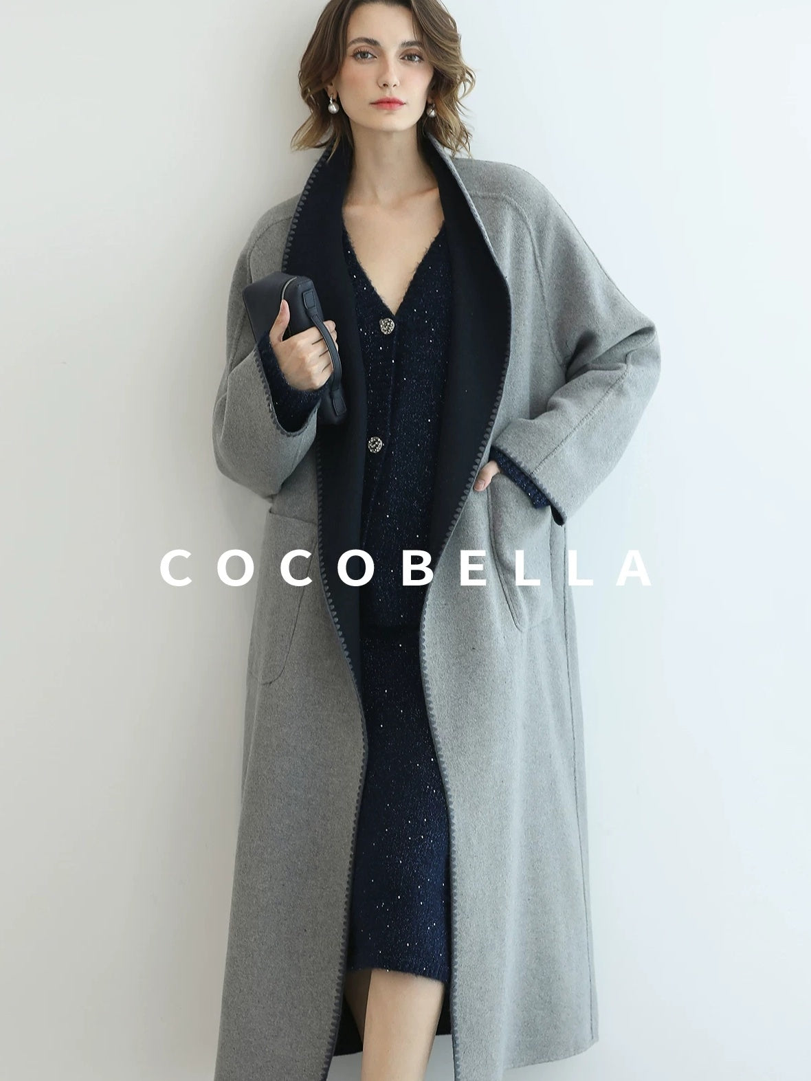 COCOBELLA Warm Wool Blend Double Breasted Long Minimal Relaxed Fit Pockets Office Coats