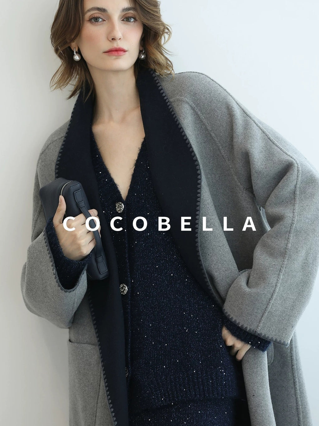 COCOBELLA Warm Wool Blend Double Breasted Long Minimal Relaxed Fit Pockets Office Coats