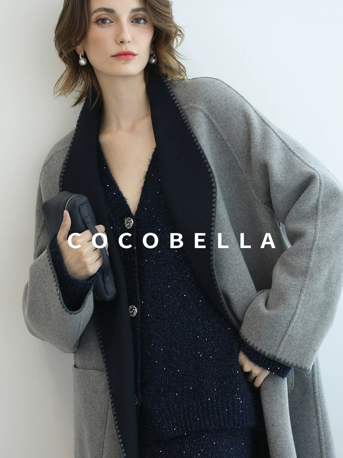 COCOBELLA Warm Wool Blend Double Breasted Long Minimal Relaxed Fit Pockets Office Coats