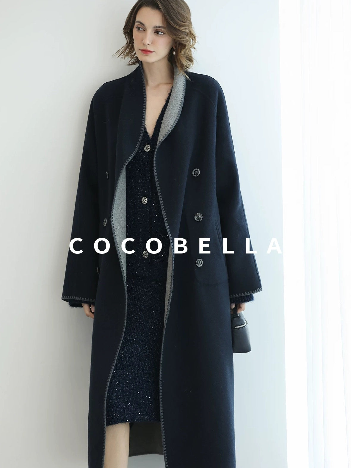 COCOBELLA Warm Wool Blend Double Breasted Long Minimal Relaxed Fit Pockets Office Coats