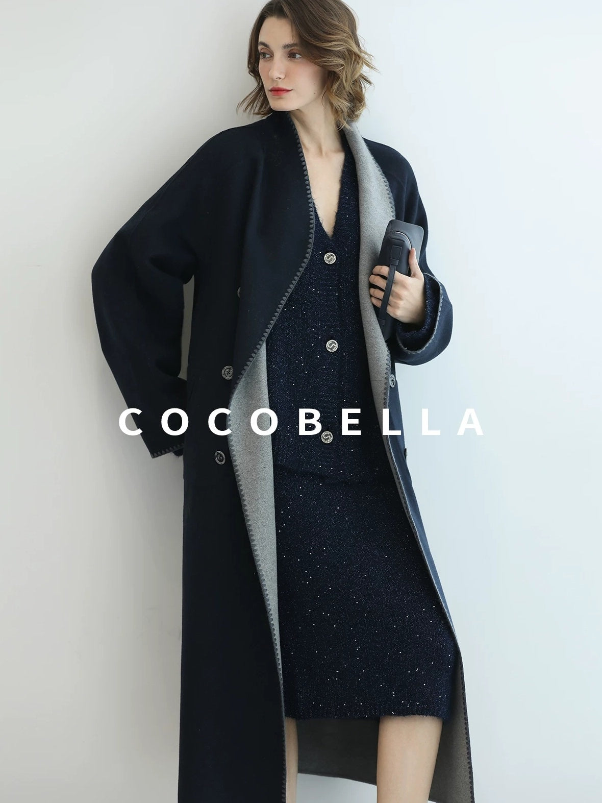 COCOBELLA Warm Wool Blend Double Breasted Long Minimal Relaxed Fit Pockets Office Coats