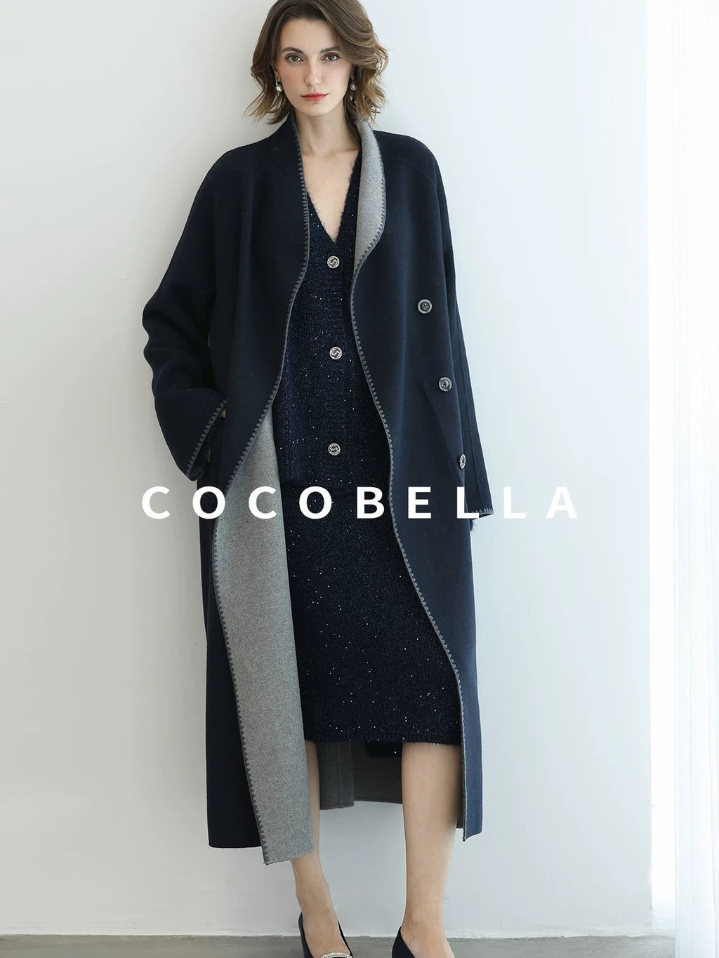 COCOBELLA Warm Wool Blend Double Breasted Long Minimal Relaxed Fit Pockets Office Coats