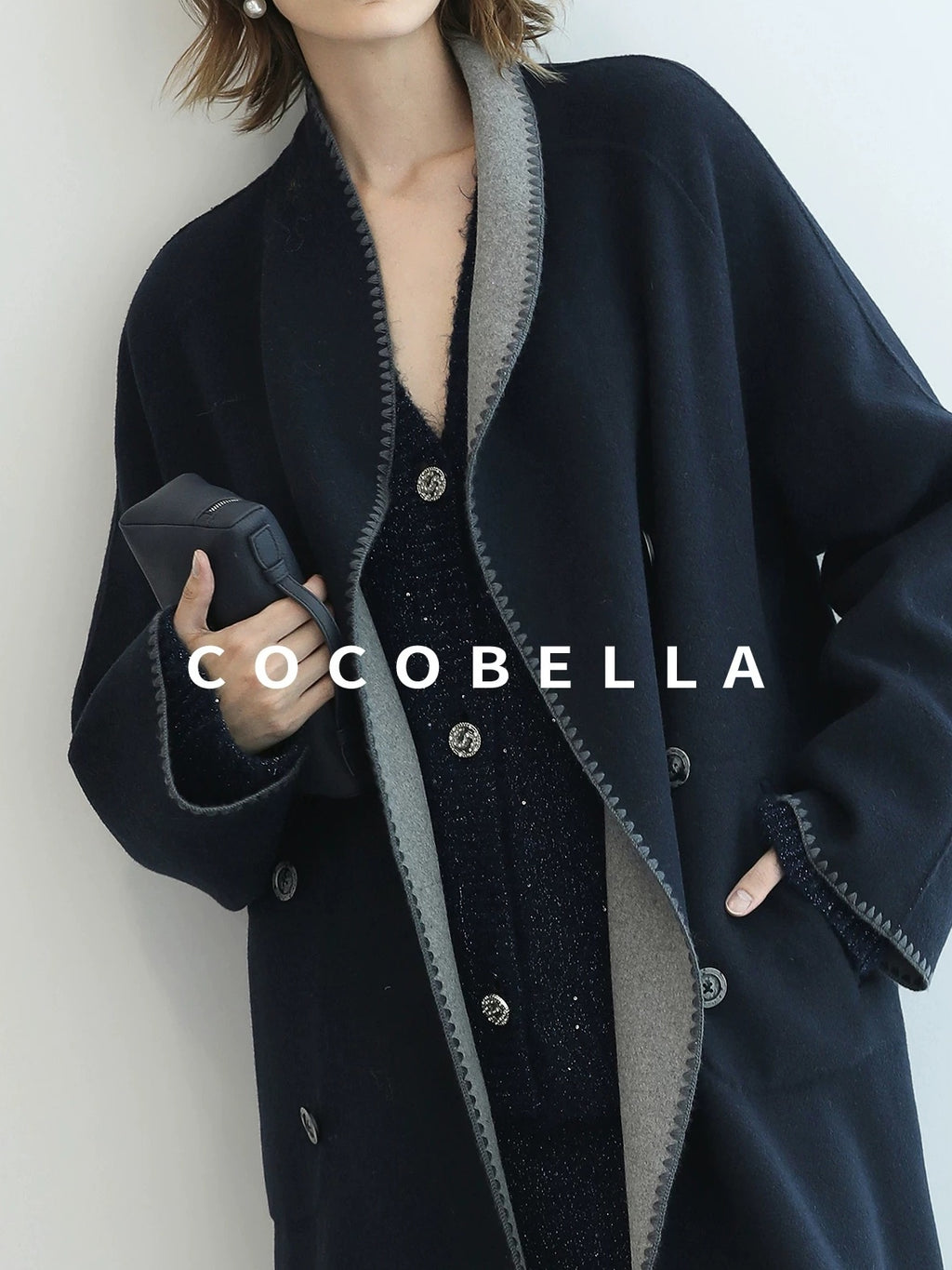 COCOBELLA Warm Wool Blend Double Breasted Long Minimal Relaxed Fit Pockets Office Coats