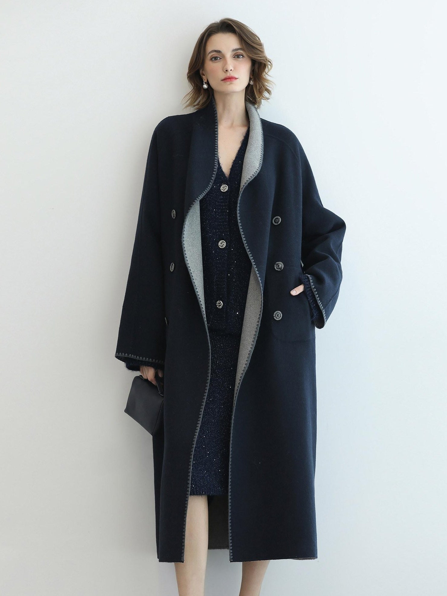 COCOBELLA Warm Wool Blend Double Breasted Long Minimal Relaxed Fit Pockets Office Coats