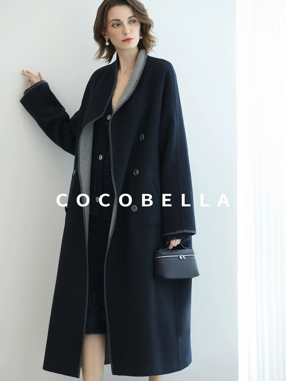 COCOBELLA Warm Wool Blend Double Breasted Long Minimal Relaxed Fit Pockets Office Coats