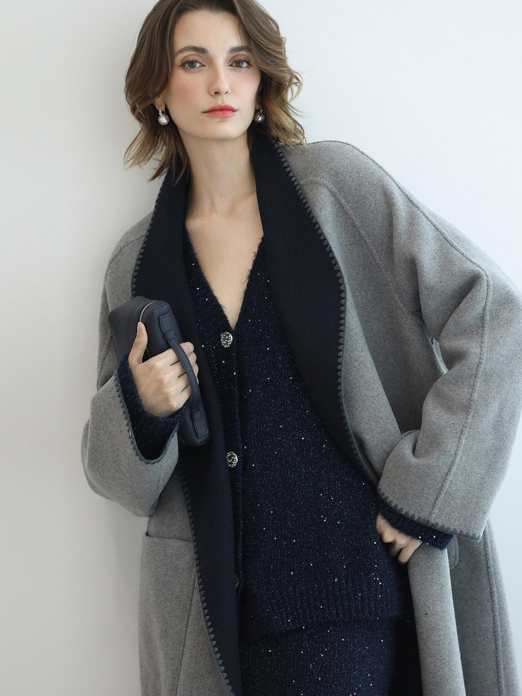 COCOBELLA Warm Wool Blend Double Breasted Long Minimal Relaxed Fit Pockets Office Coats