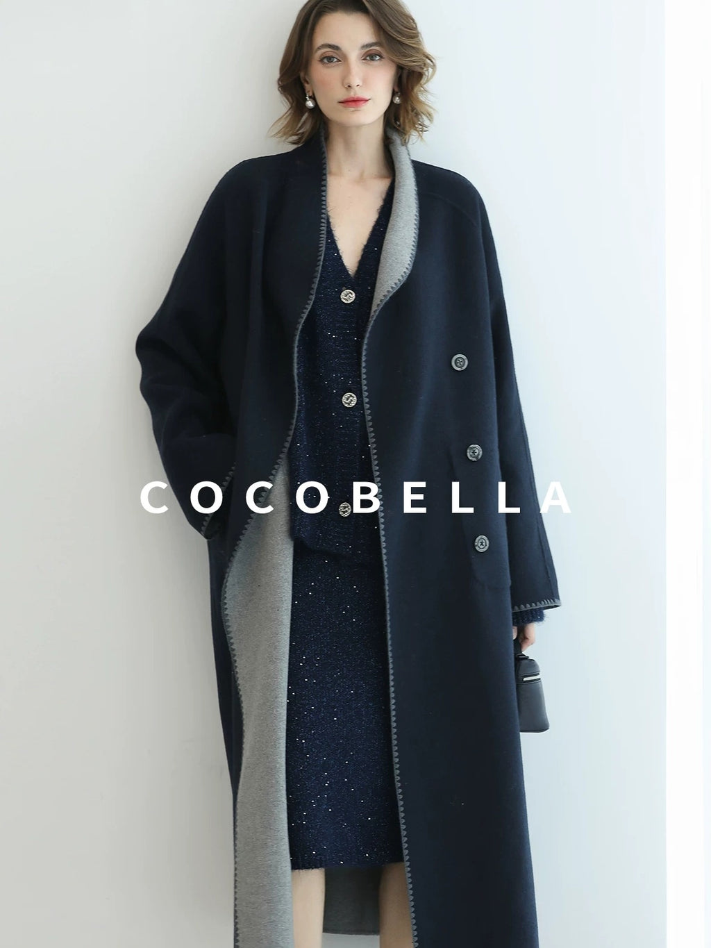 COCOBELLA Warm Wool Blend Double Breasted Long Minimal Relaxed Fit Pockets Office Coats