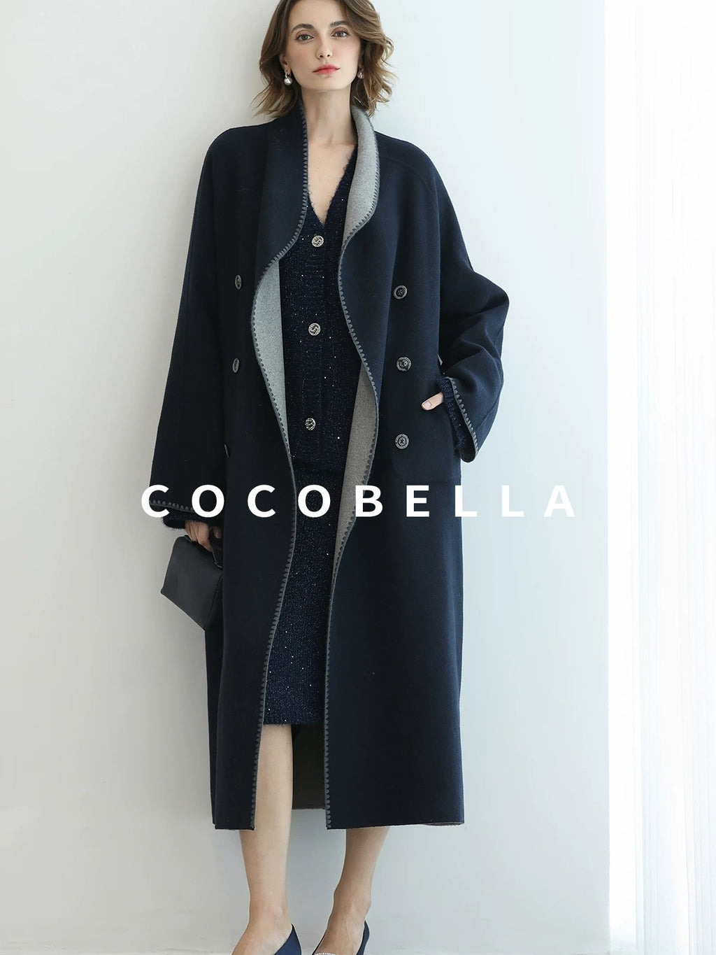 COCOBELLA Warm Wool Blend Double Breasted Long Minimal Relaxed Fit Pockets Office Coats